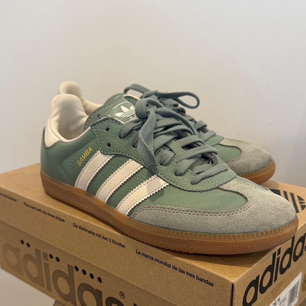 adidas Samba Sneakers in Sage Green and White with Gum Sole